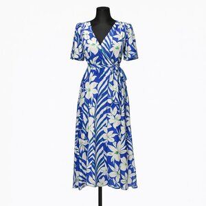 French Connection Blue Diah Wrap Midi Dress 10 Floral Short Sleeve Wedding Guest